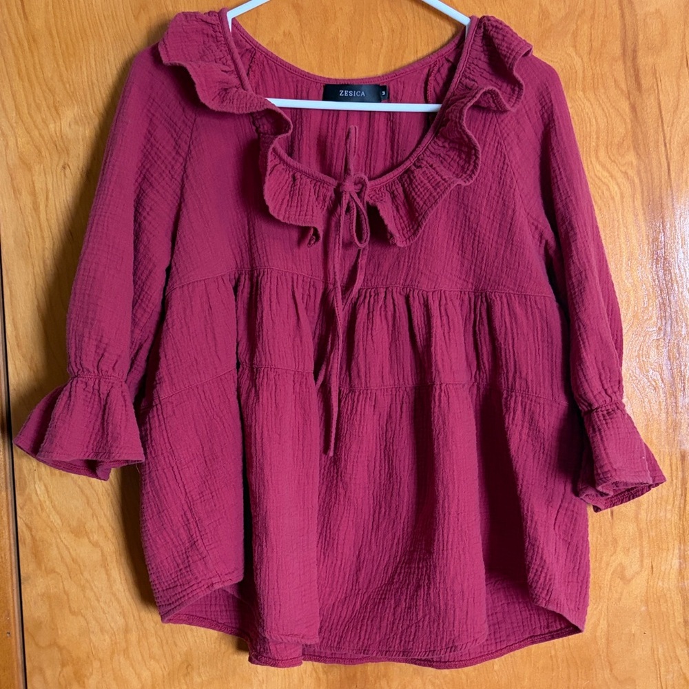 Zesica Women's Ruffled Maroon Blouse